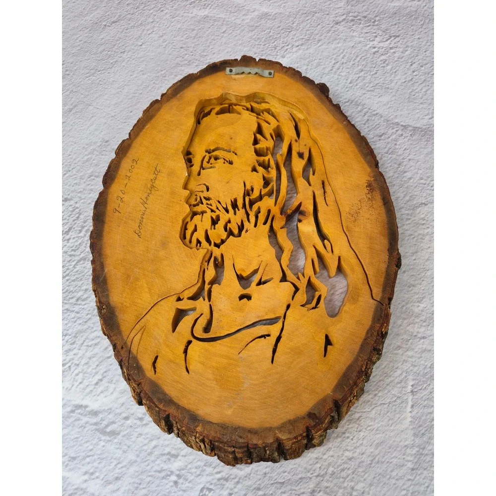 Jesus Wood Slice Scroll Saw Art Live Edge Plaque 2002 Handcarved 3D Effect